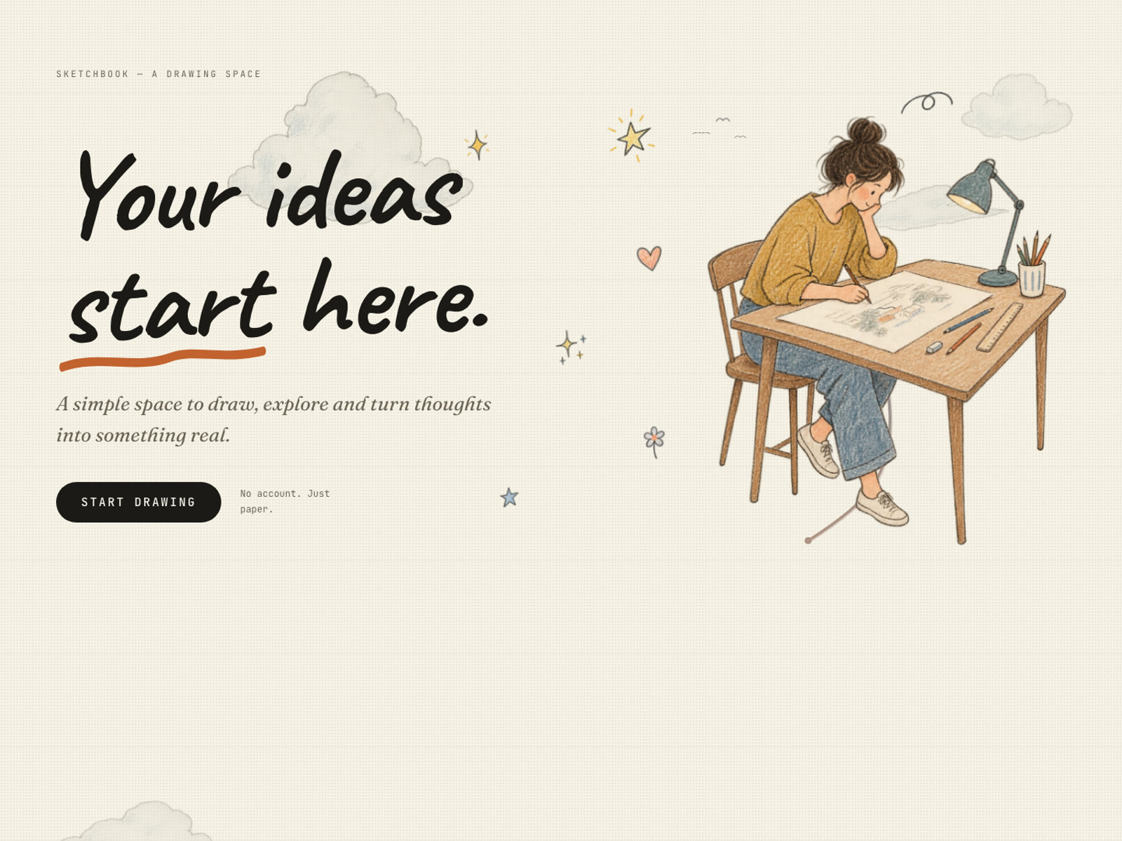 Hero section of a drawing app landing page with an illustrated artist at a desk