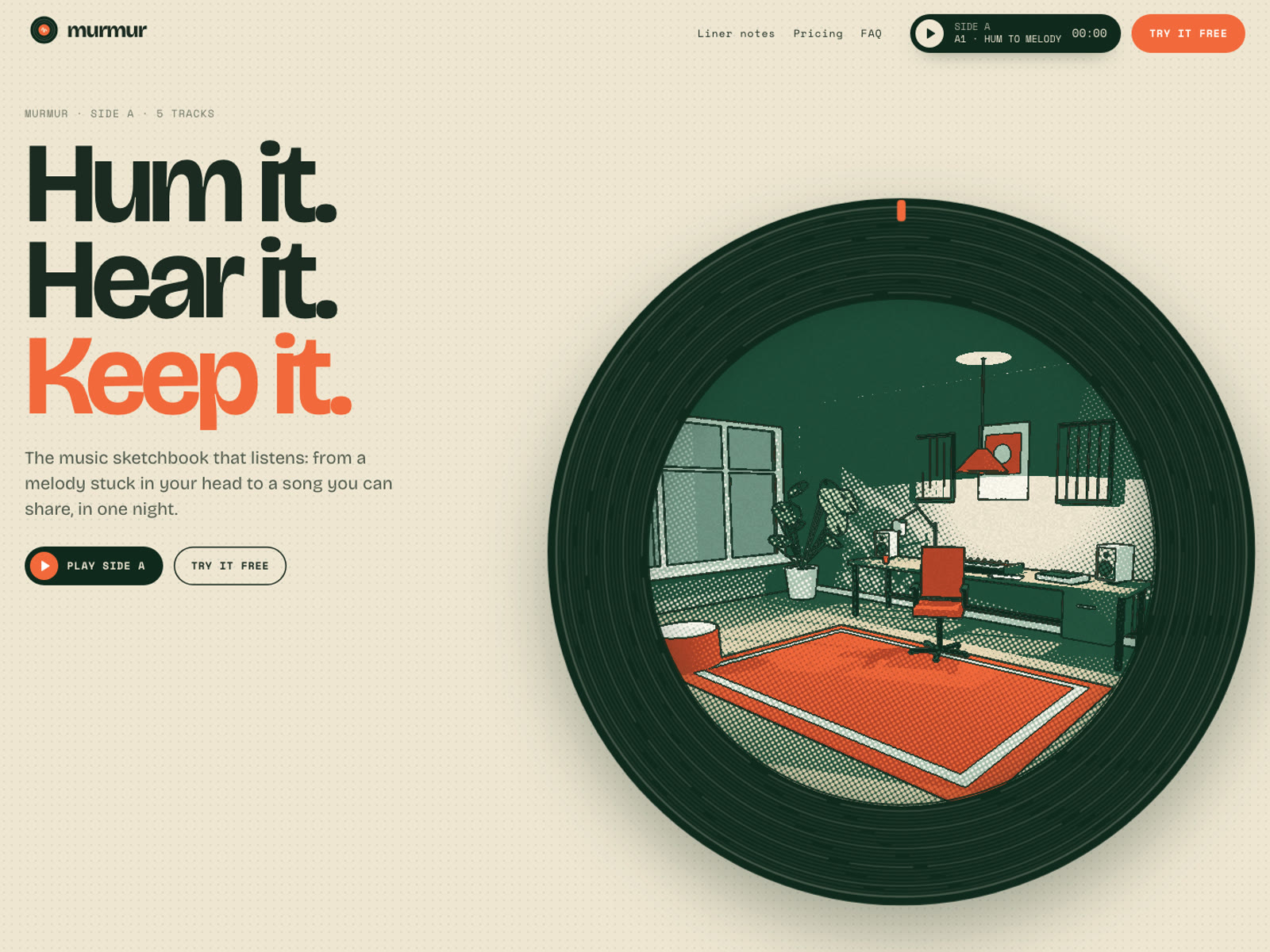 Hero of a music app landing page with a spinning record and bold headline.