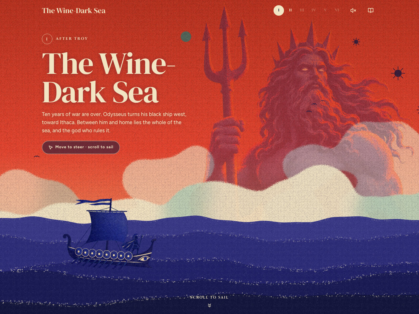 Opening chapter of an illustrated sea journey with a sailing ship and a sea god.