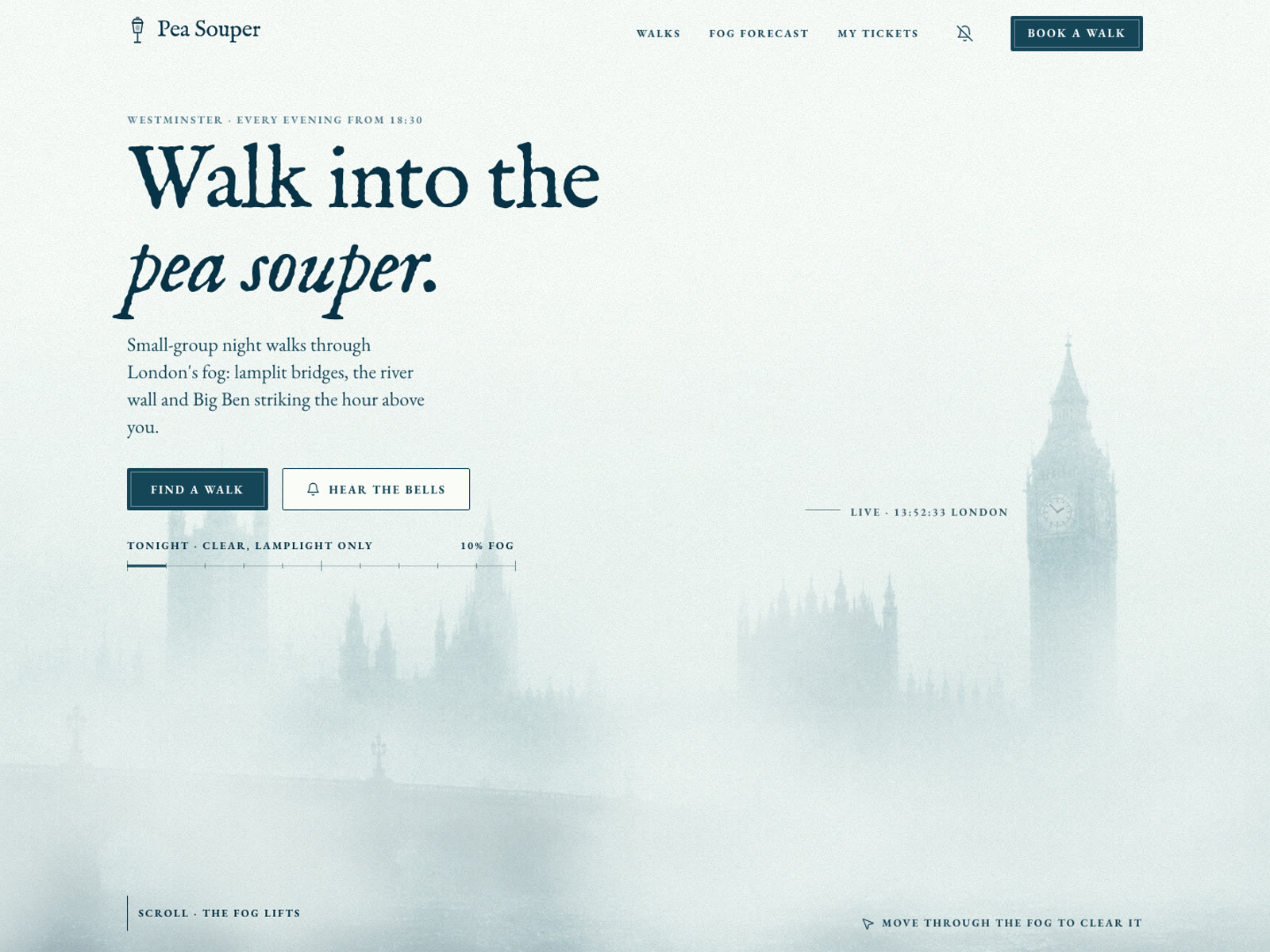 Foggy London hero for a night walking tour booking site.