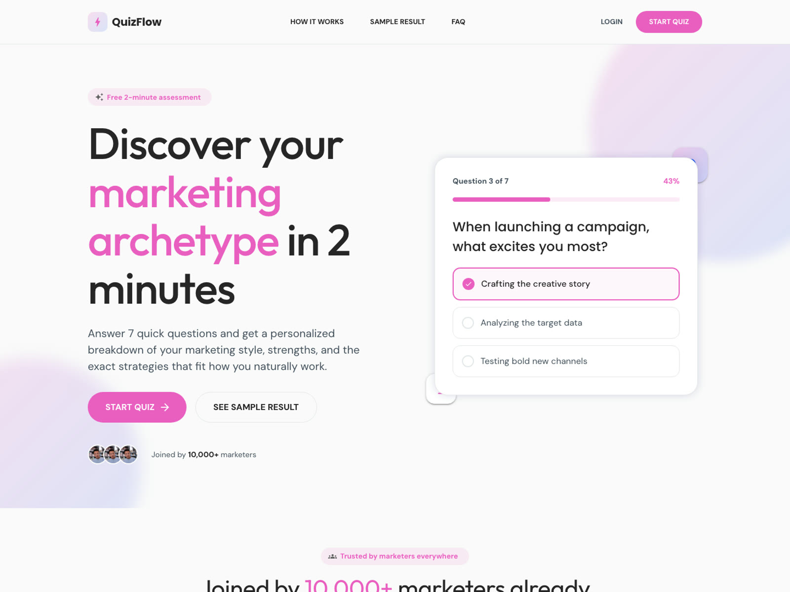 Hero of a marketing quiz landing page with a sample question card.