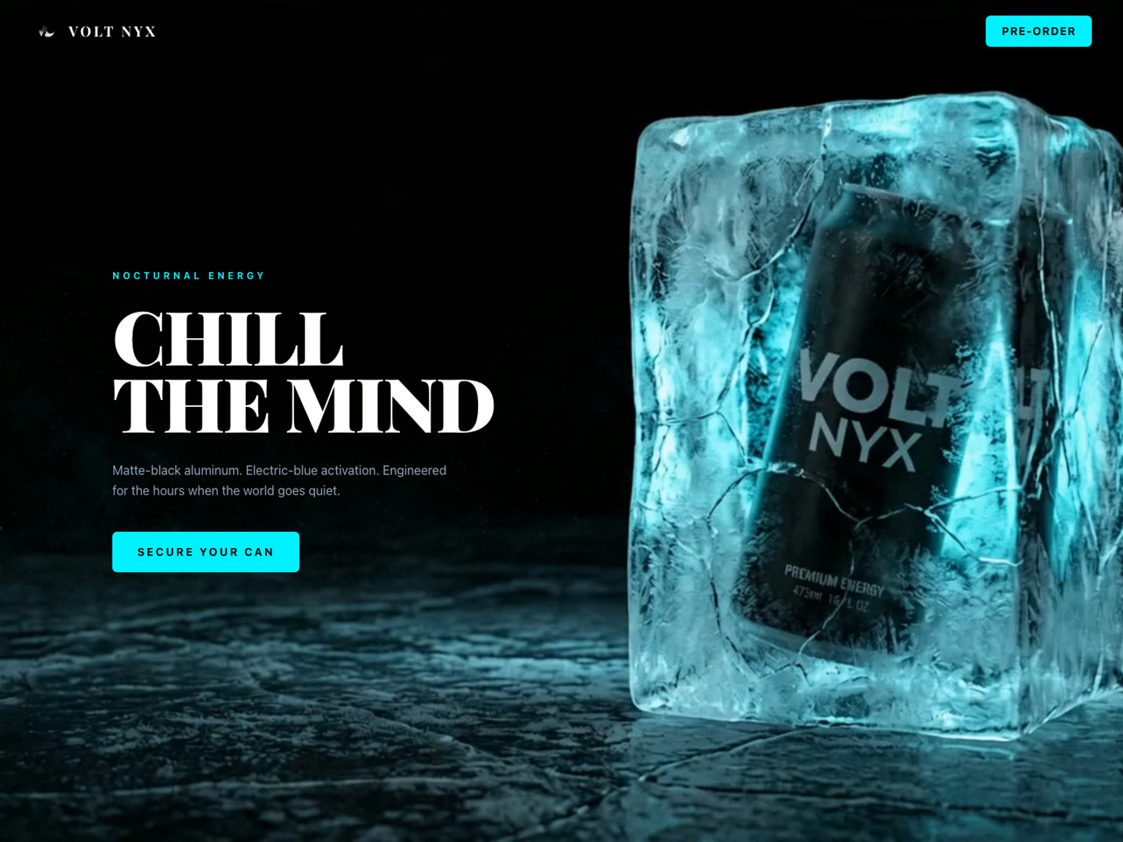 Dark hero with an energy drink can frozen in a block of ice.