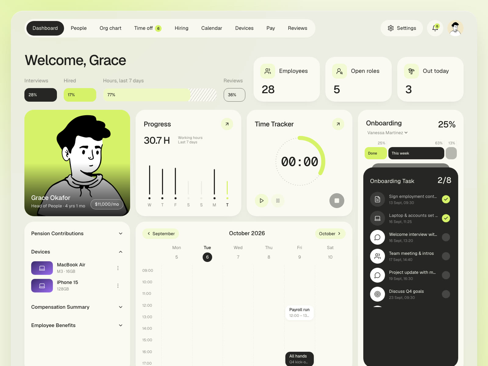 HR dashboard with welcome card, onboarding tasks, time tracker and calendar.