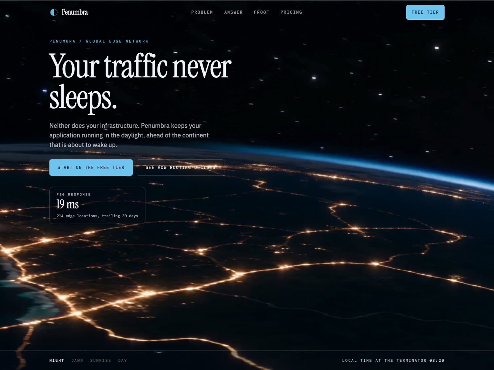 Hero of an edge network landing page with Earth at night and a latency card.