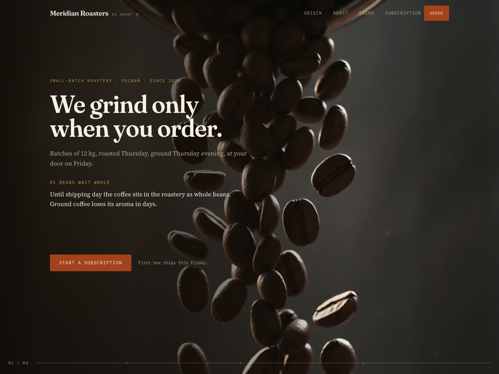 Hero of a coffee roastery site with falling beans and a subscription call to action.