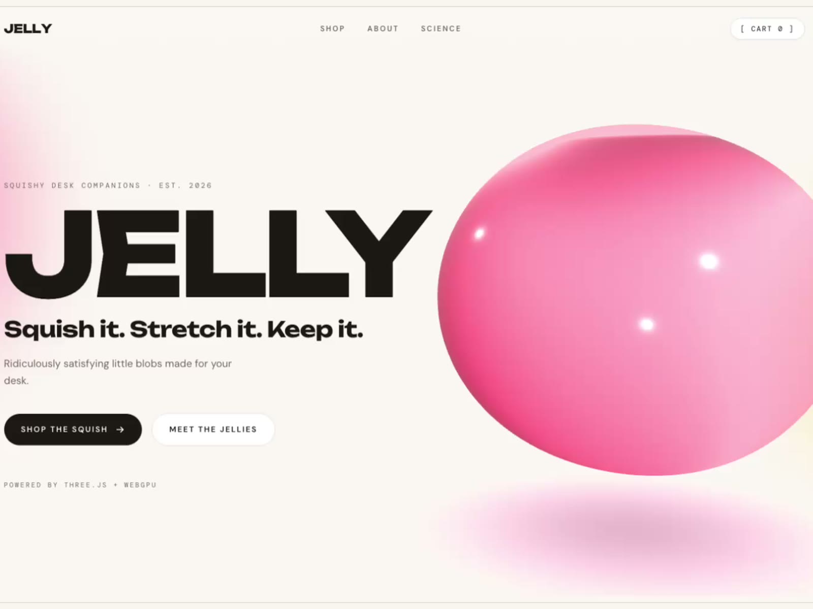 Hero with a giant pink 3D jelly blob you can poke and drag.