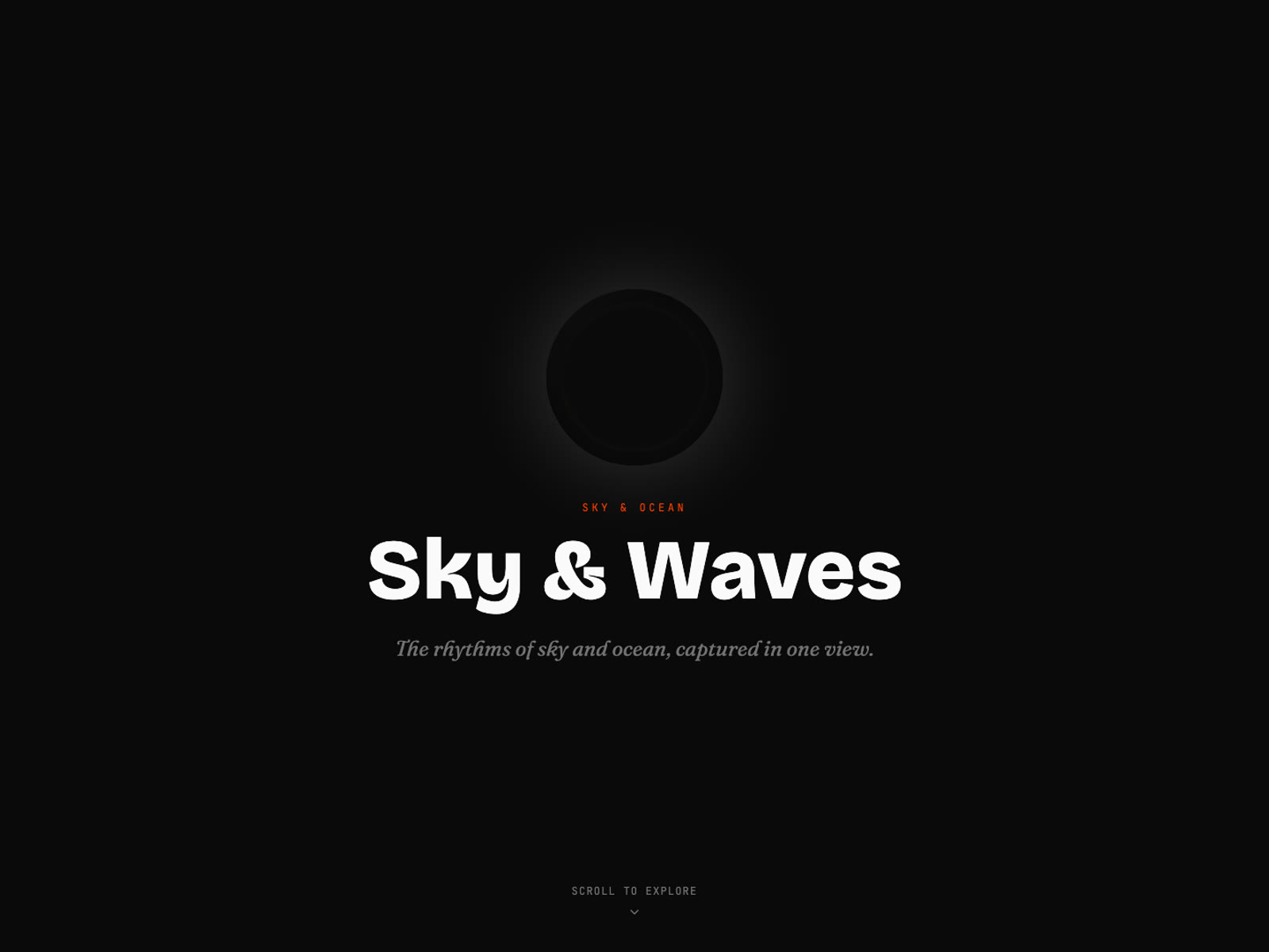 Dark minimal title screen with a black moon and the Sky and Waves headline.