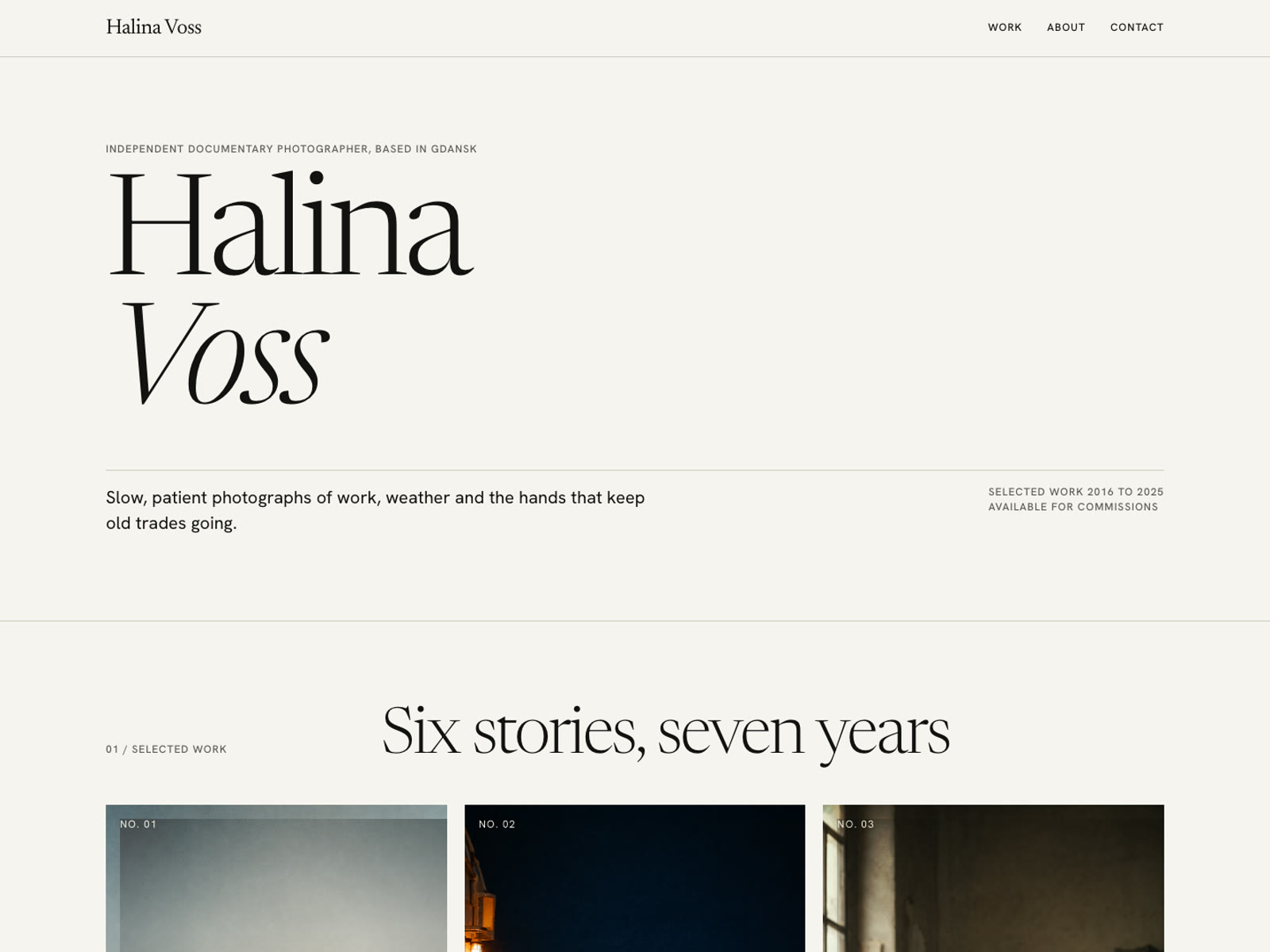 Typographic hero of a photographer portfolio with a large name and selected work below.