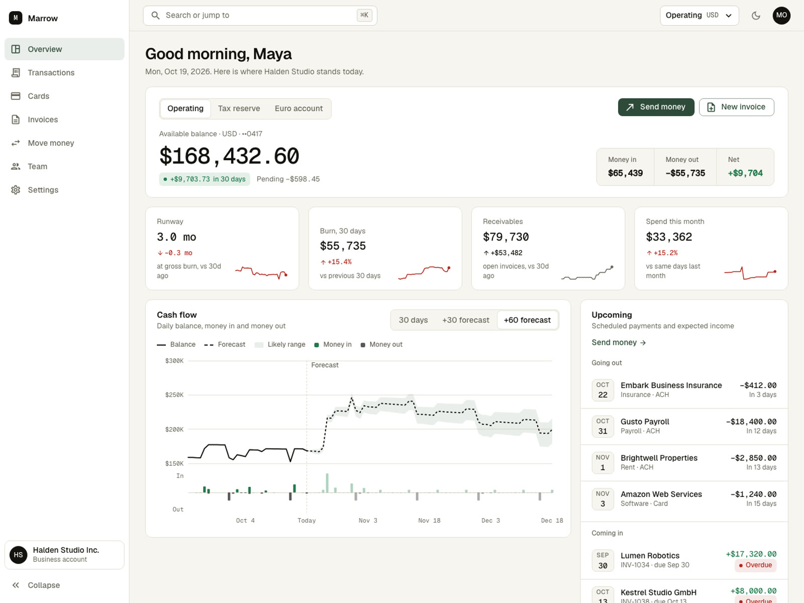 Overview of a business banking dashboard with balance, key metrics, cash-flow forecast and upcoming payments.