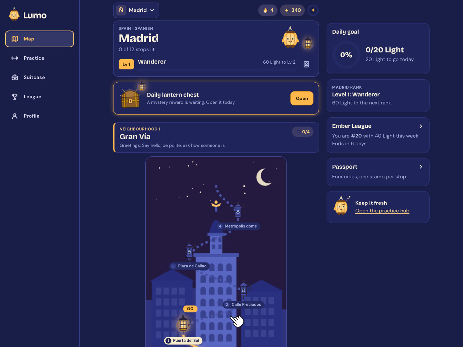 City map of a language learning app with a lantern route, daily goal and league status.