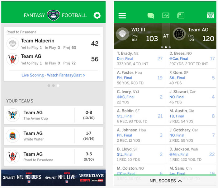 Screenshot of ESPN's app