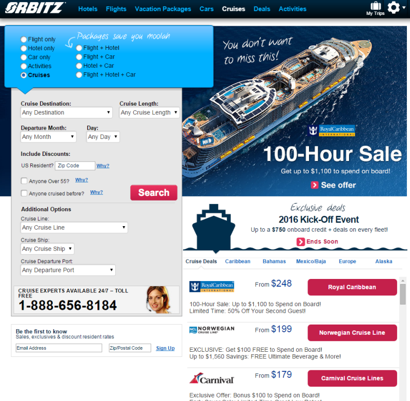 Screenshot of Orbitz's complicated web form