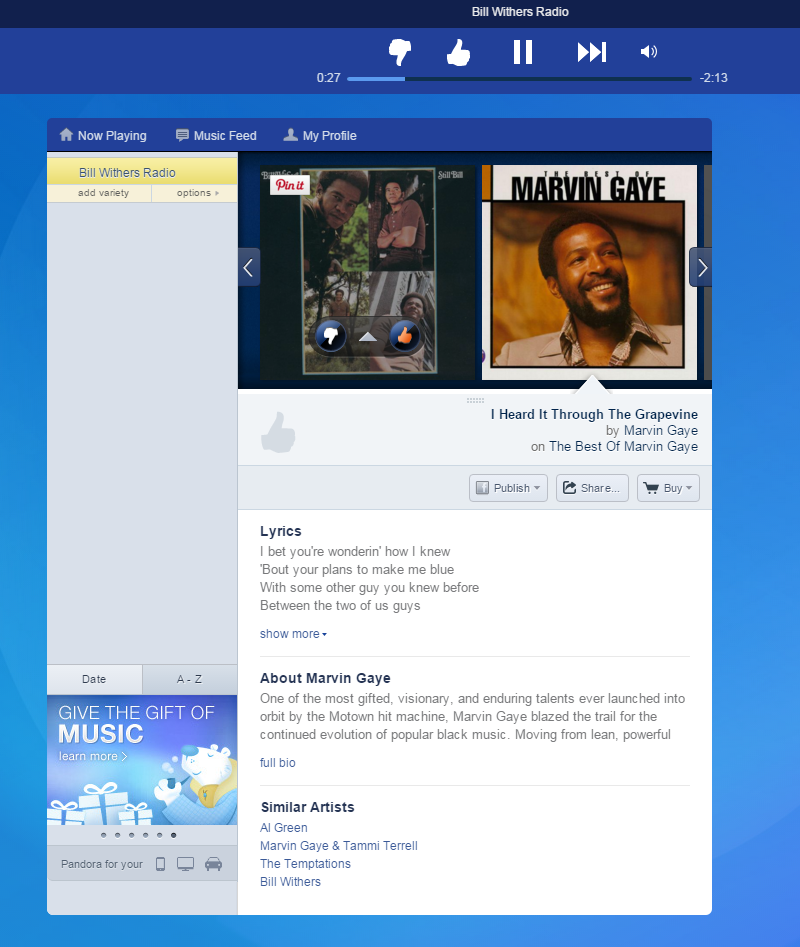 Screenshot of Pandora's web app