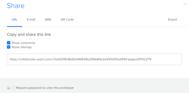 The sharing panel has several different ways that you can share your prototype