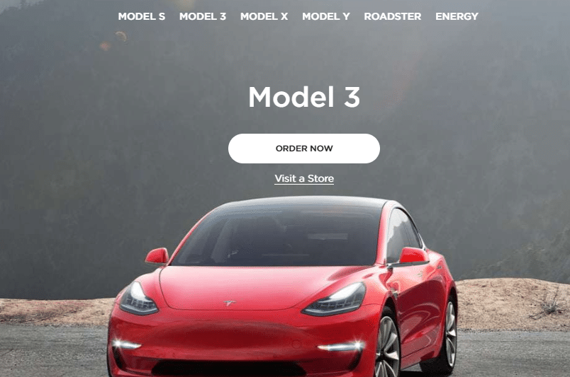 Screenshot of the Tesla homepage