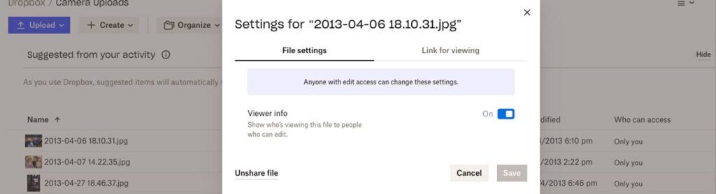 Dropbox advanced sharing settings revealed through progressive disclosure