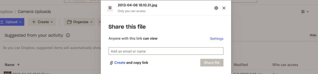 Dropbox simple file sharing dialog