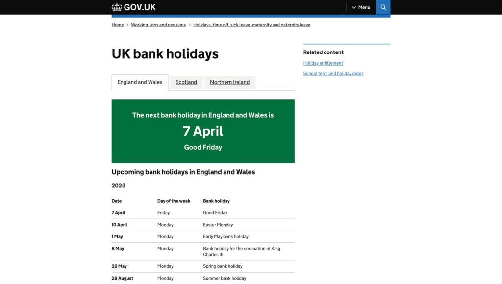GOV.UK progressive disclosure example showing next bank holiday prominently
