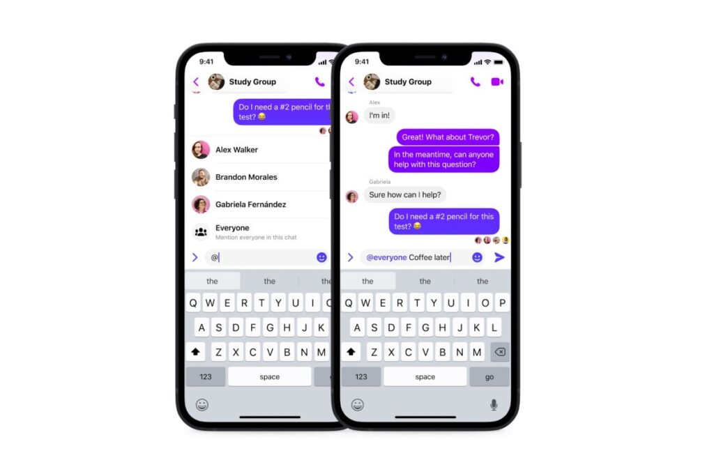 Messenger app showing message bubbles in a group chat with color-coded participants