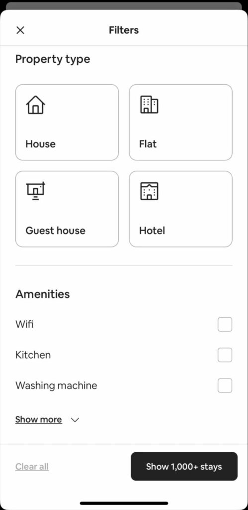 Airbnb advanced search UX example