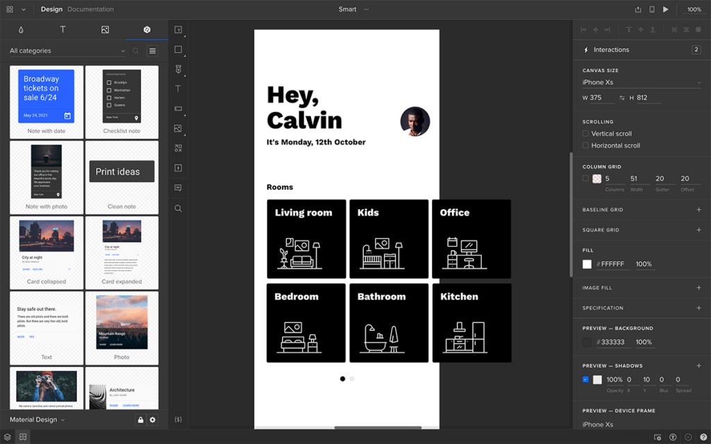 UXPin prototyping tool interface showing interactive prototype with code-backed components