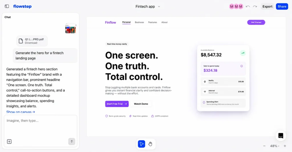 Flowstep AI UI design tool Image showing generating homepage of a fintech app using Flowstep, an AI UI design tool