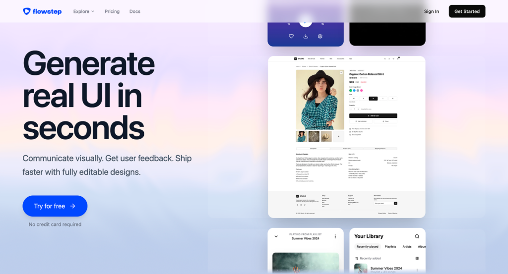 Flowstep Best for AI Generated Multi Screen Prototypes and Code Export Flowstep website homepage showing the best AI-generated multi-screen prototypes